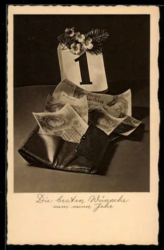AK Geldscheine in einer Geldbörse unter dem Kalenderblatt von Neujahr, Neujahrsgruss