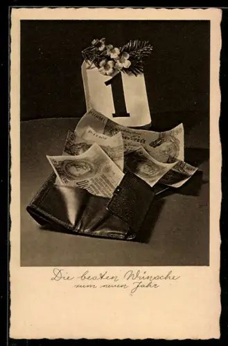 AK Geldscheine in einer Geldbörse unter dem Kalenderblatt von Neujahr, Neujahrsgruss