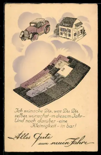 AK Gefüllte Brieftasche, darüber Auto und Haus