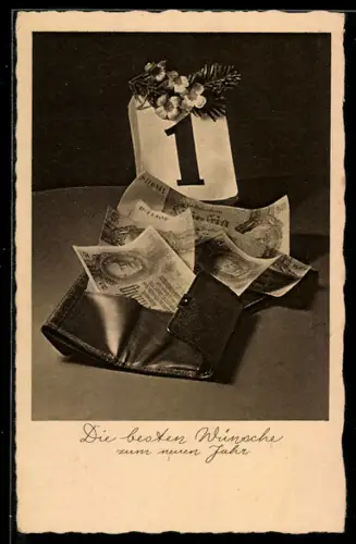 AK Geldscheine in einer Geldbörse unter dem Kalenderblatt von Neujahr, Neujahrsgruss