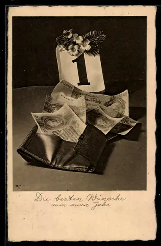 AK Geldscheine in einer Geldbörse unter dem Kalenderblatt von Neujahr, Neujahrsgruss