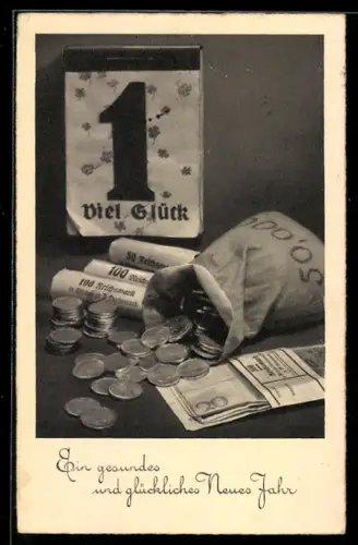 AK Glückwunsch zum neuen Jahr, Kalenderblatt und Geld