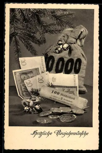 AK Geldsack mit Reichsmark-Scheinen und Münzen