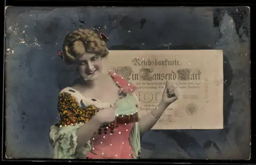 AK Reichsbanknote 1000 Mark, Lächelnde junge Frau