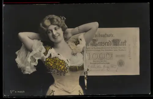 AK Reichsbanknote 1000 Mark und lächelnde Frau