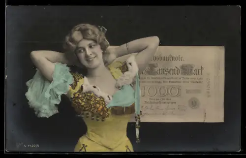 AK Bezaubernde Maid und Banknote 1000 Mark