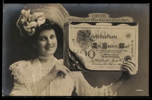 AK Dame hält einen Abreisskalender mit Geldscheinen hoch, Neujahr 1906