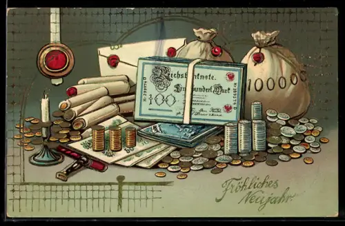 AK Fröhliches Neujahr, Reichsbanknoten und Münzen