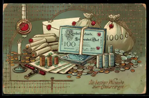 AK Reichsbanknoten 100 Mark und Münzen