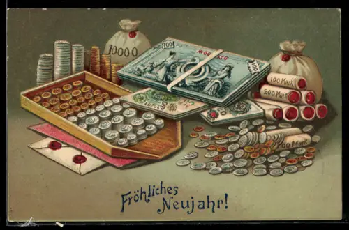 AK Münzen und Banknoten, Geldsäcke, Münzrollen
