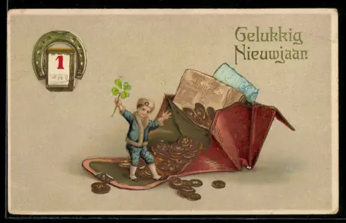 AK Kind mit Portemonnaie voller Geld und Klee, Neujahr