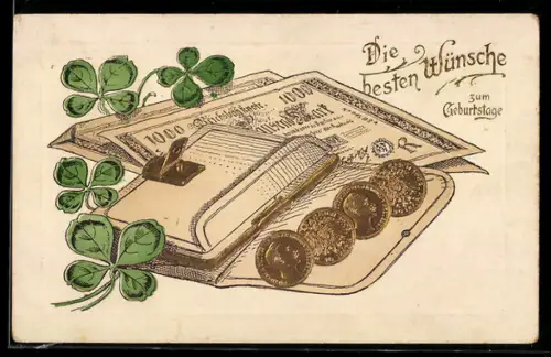 AK Portemonnaie mit Geldmünzen und Reichsbanknote, Kleeblätter