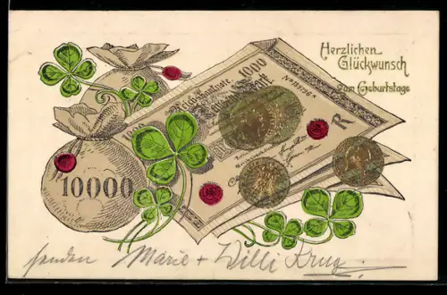AK Reichsbanknote 1000 Mark, Geldsack, Münzen, Klee