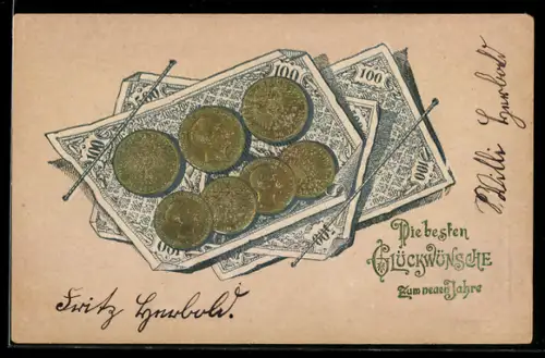 AK Geldscheine mit Münzen, Neujahr