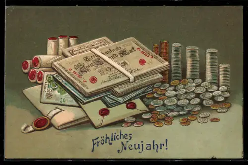 Lithographie Glückwunsch zum Neuen Jahre, Münzen und Banknoten