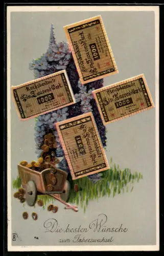 AK Mühle mit Blumen und Geldscheinen, Wagen mit Münzen, Neujahrsgruss