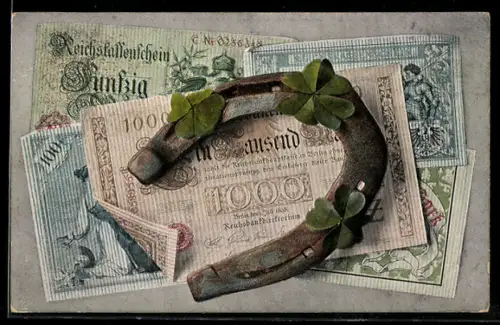AK Reichsbanknoten 1000, 100 und 50 Mark, Reichskassenschein, Hufeisen mit Kleeblättern, Geld