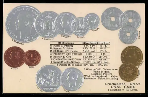 AK Griechenland, verschiedene Geldmünzen der Währung Drachme & Lepta, internationale Umrechnungskurse