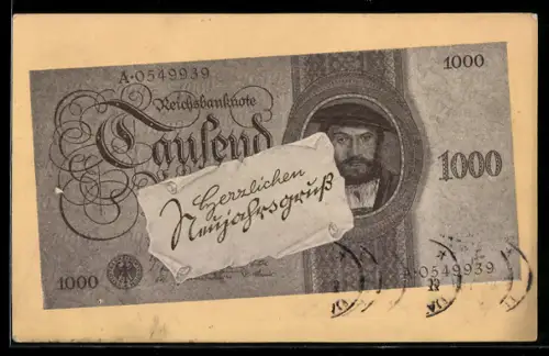 AK Reichsbanknote 1000 Mark, Neujahrsgrüsse