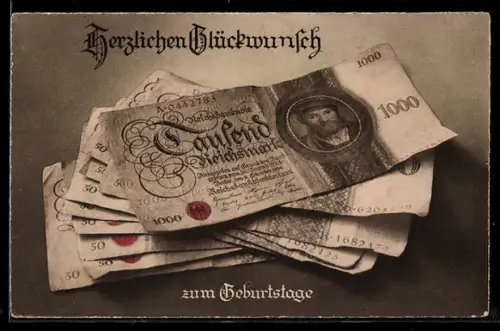 AK Geldscheine mit Geburtstagsgruss, 1000 und 50 Reichsmark
