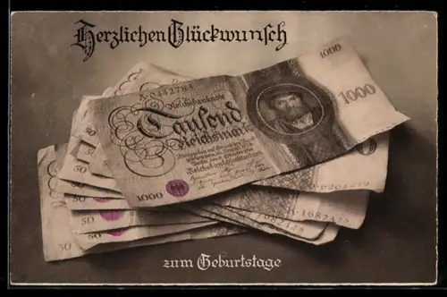 AK Geldscheine mit Geburtstagsgruss, 1000 und 50 Reichsmark