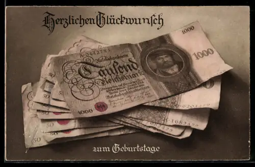 AK Geldscheine mit Geburtstagsgruss, 1000 und 50 Reichsmark