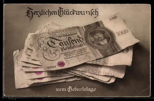 AK Geldscheine mit Geburtstagsgruss, 1000 und 50 Reichsmark