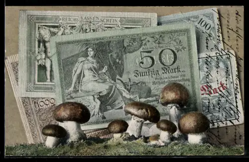 AK Reichskassenschein, Banknoten, 50 Mark zuvorderst, mit Moos und Pilzen