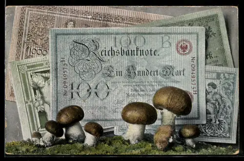 AK Einhundert Reichsmark, Banknoten und Pilze