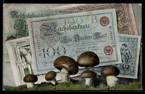 AK Reichsbanknoten, Geldscheine 100 Mark mit Champignons