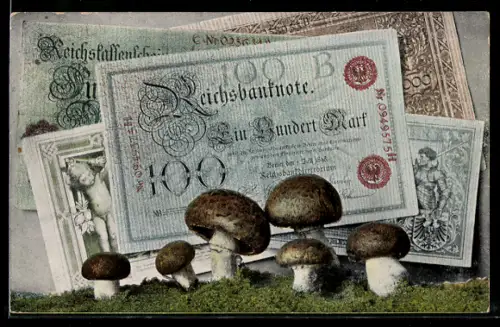AK Reichsbanknoten, Geldscheine 100 Mark mit Champignons