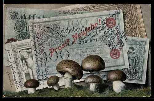 AK Reichsbanknoten, Geldscheine 100 Mark mit Champignons