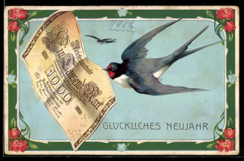 AK Schwalbe hält Reichsbanknote über 1000 Mark im Schnabel, Glückliches Neujahr