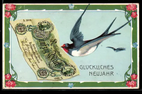 AK Vogel mit Fünfzig Mark Reichsbanknote