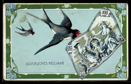 AK Glückliches Neujahr, Schwalbe mit Geldschein im Schnabel