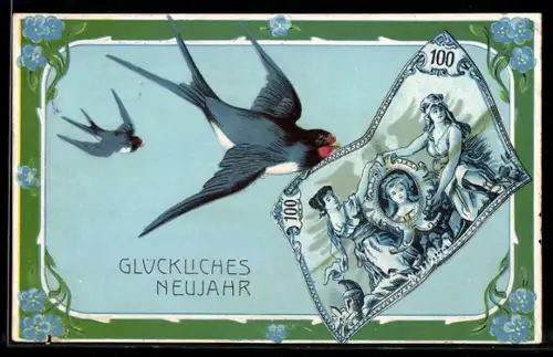 AK Vogel mit Geldschein 100 Mark im Schnabel