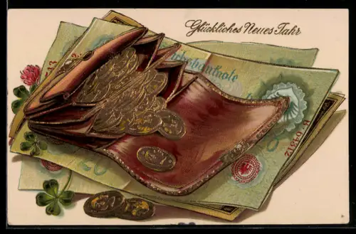 Lithographie Die besten Glückwünsche zum neuen Jahre, Portemonnaie voller Geld