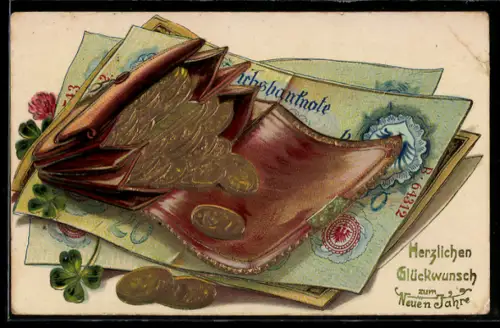 Lithographie Die besten Glückwünsche zum neuen Jahre, Portemonnaie voller Geld