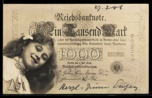 AK Lächelndes Mädchen mit 1000 Mark Geldschein