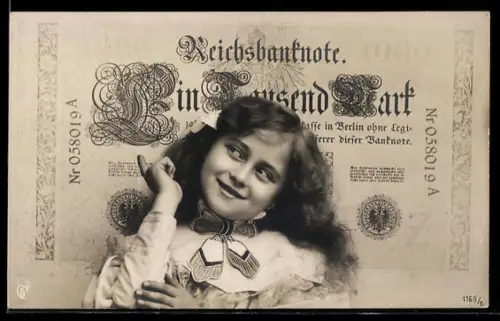 AK Lächelndes Mädchen vor einem 1000 Mark Schein