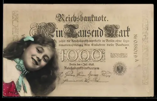 AK Lächelndes Mädchen mit 1000 Mark Geldschein