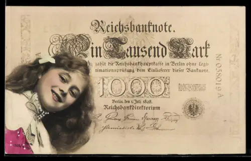 AK Lächelndes Mädchen mit 1000 Mark Geldschein