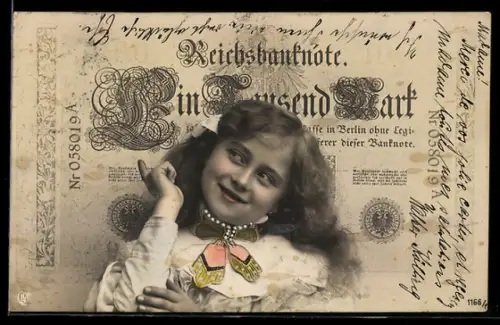 AK Lächelndes Mädchen vor einem 1000 Mark Schein