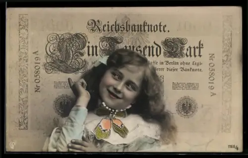 AK Lächelndes Mädchen vor einem 1000 Mark Schein