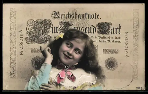 AK Mädchen zeigt auf Geldschein über eintausend Mark
