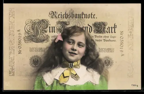 AK Mädchen vor Geldschein über eintausend Mark