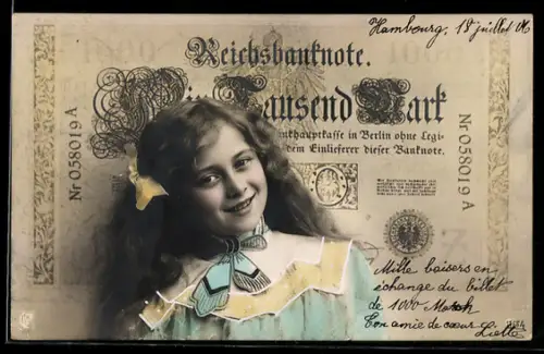 AK Lächelndes Kind vor Reichsbanknote mit Eintausend Mark