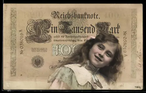AK Kleines Mädchen mit einer 1000 Mark Reichsbanknote