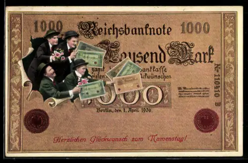 AK Reichsbanknote 1000 Mark, Männer mit Geldscheinen und Blumen