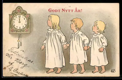 AK Kinder warten an einer Uhr auf Mitternacht, Neujahrsgruss